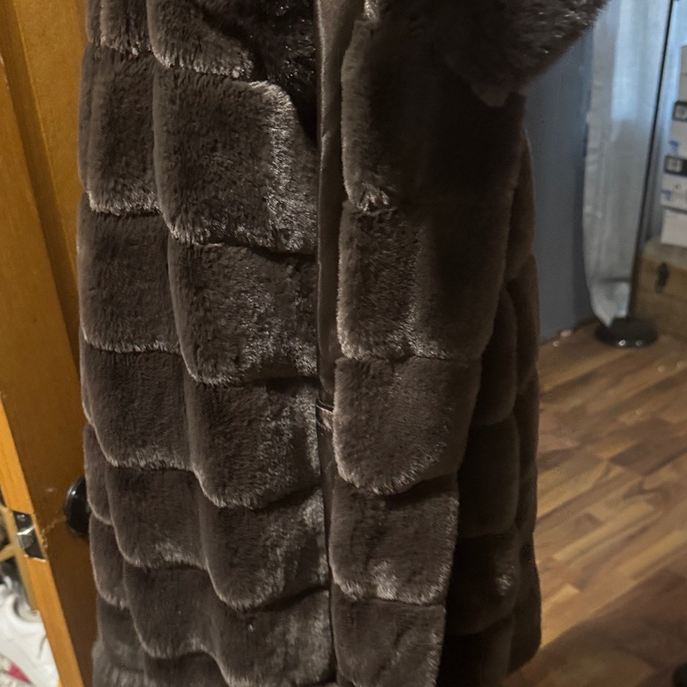 Dennis Basso Chocolate Satin Coat with Fur Trim